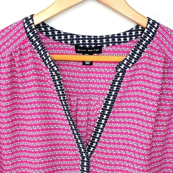 WILLI SMITH Women's Pink Blue 3/4 Sleeve V-Neck Patterned Sheer Blouse size XL - Picture 2 of 12